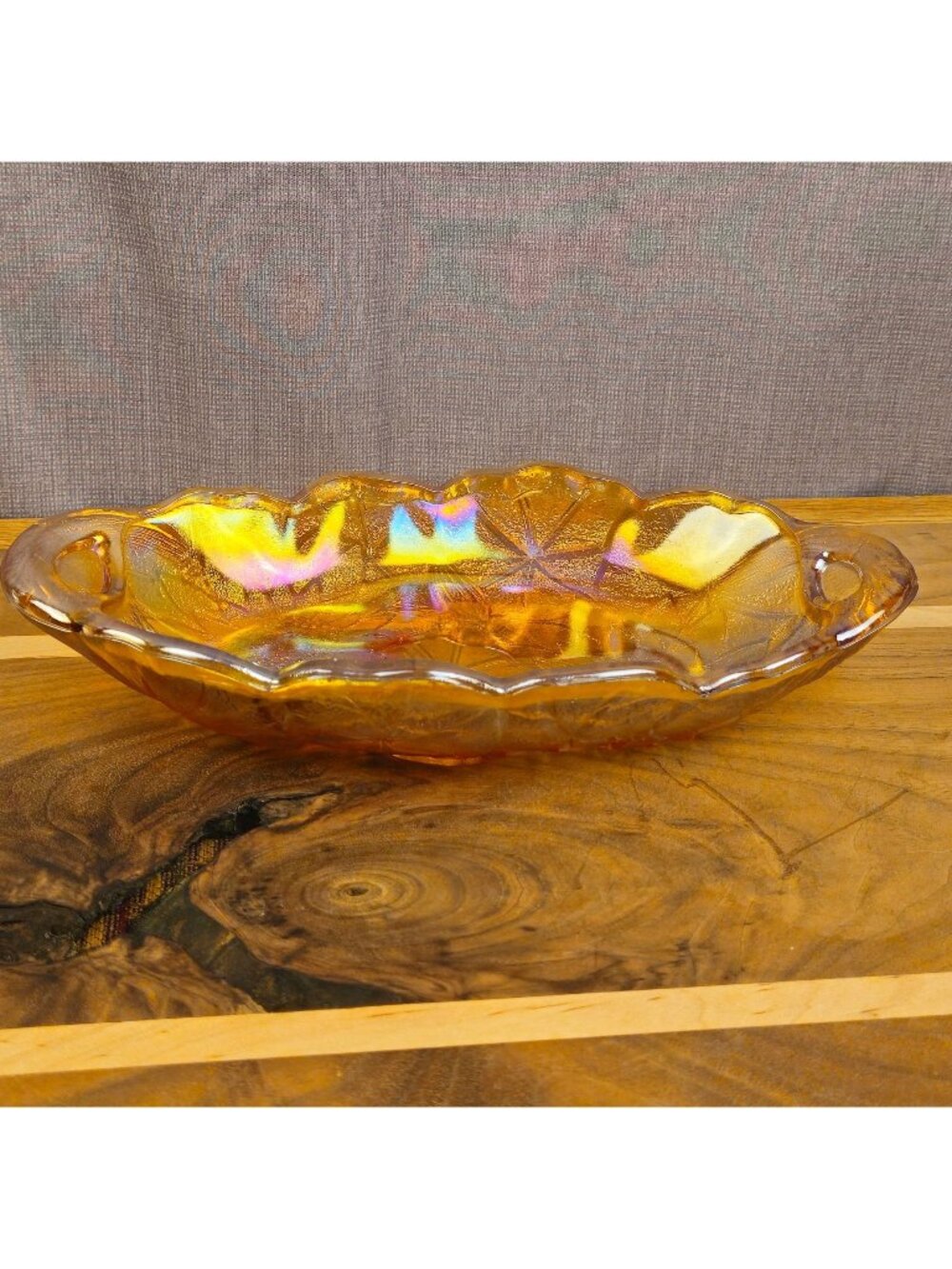 Vintage Amber Carnival Glass Oval Dish With Floral Pattern & Handles 10.5" Long